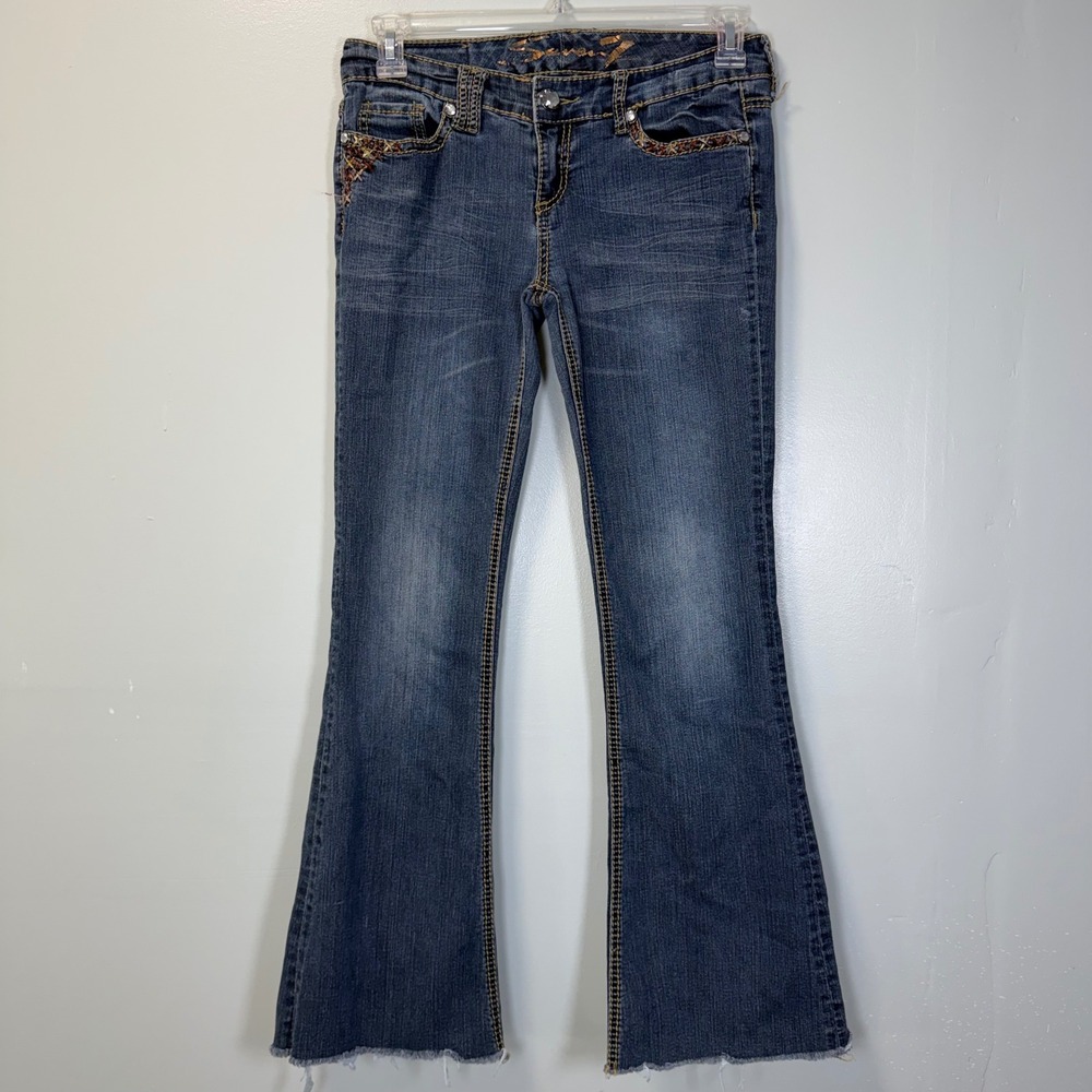 Seven7 Y2K Bootcut‎ Jeans Blue Embroidered Crystal Embellished Size 28 Low Rise